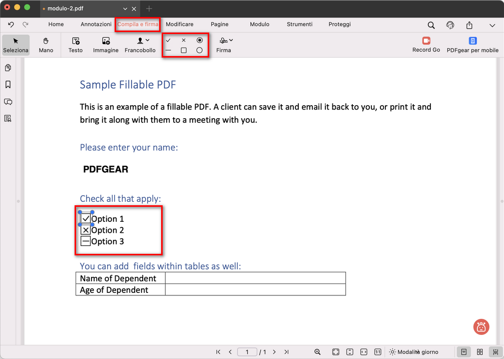 Compilare un modulo con le caselle di controllo