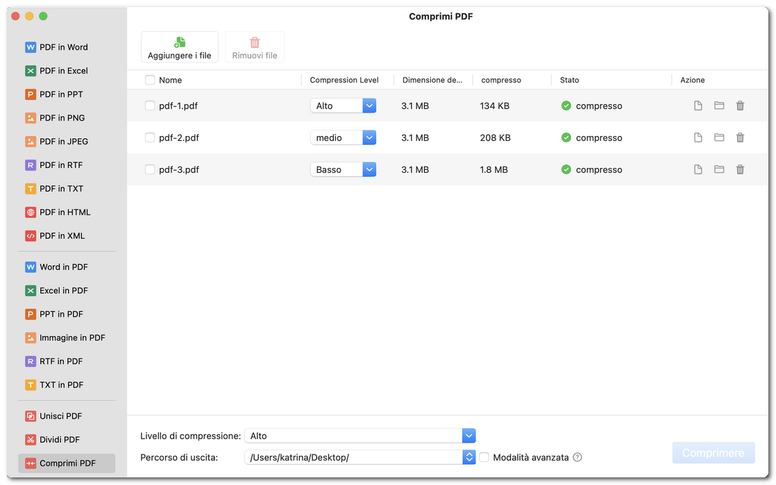 Controllare le impostazioni di compressione PDF