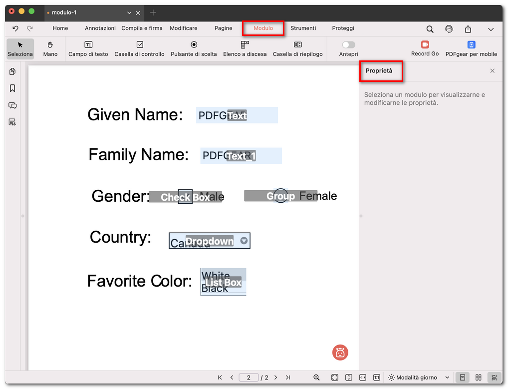 Controllare le proprietà del modulo