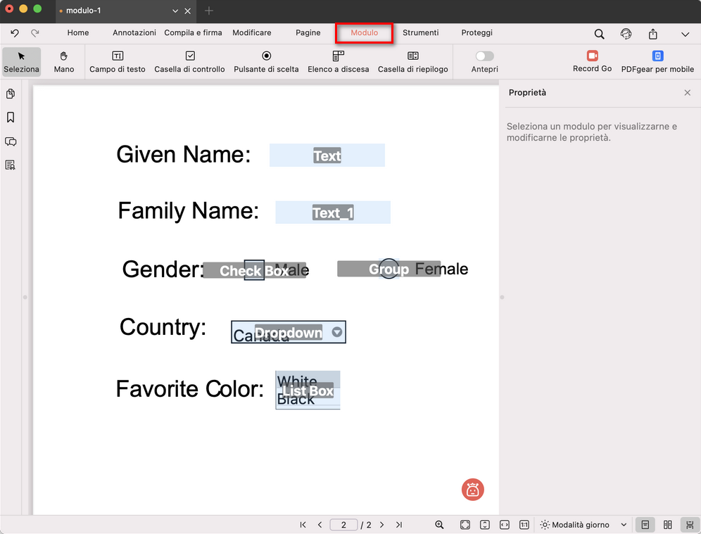 Creare un campo modulo per PDF