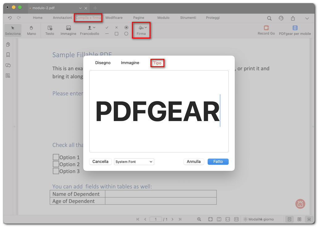 Digitare una firma di testo