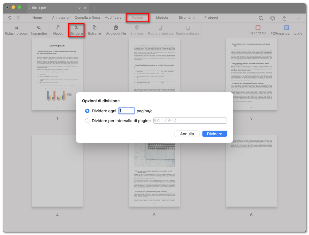 Dividere le pagine del PDF