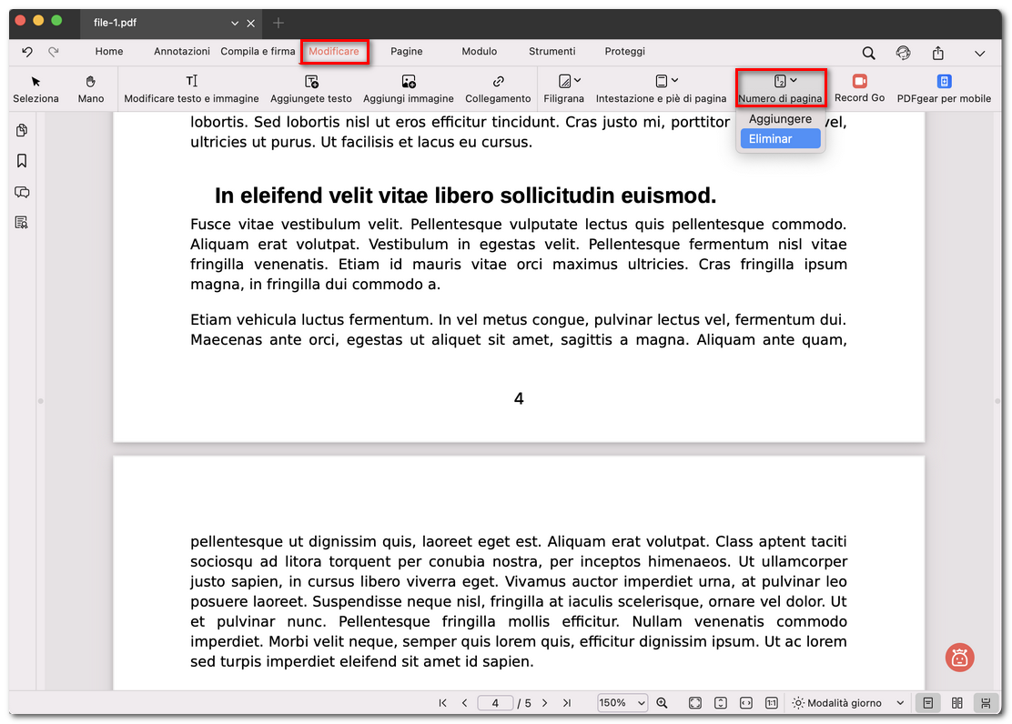 Eliminare il numero di pagina nel PDF
