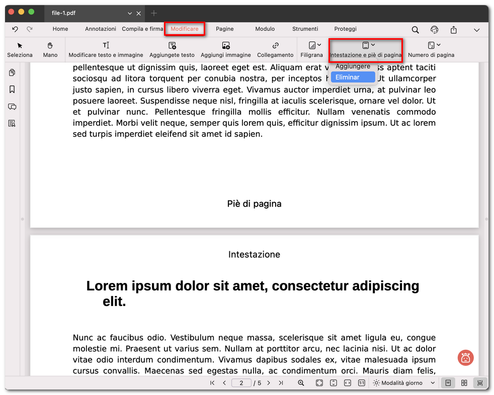 Eliminare tutte le intestazioni e i piè di pagina