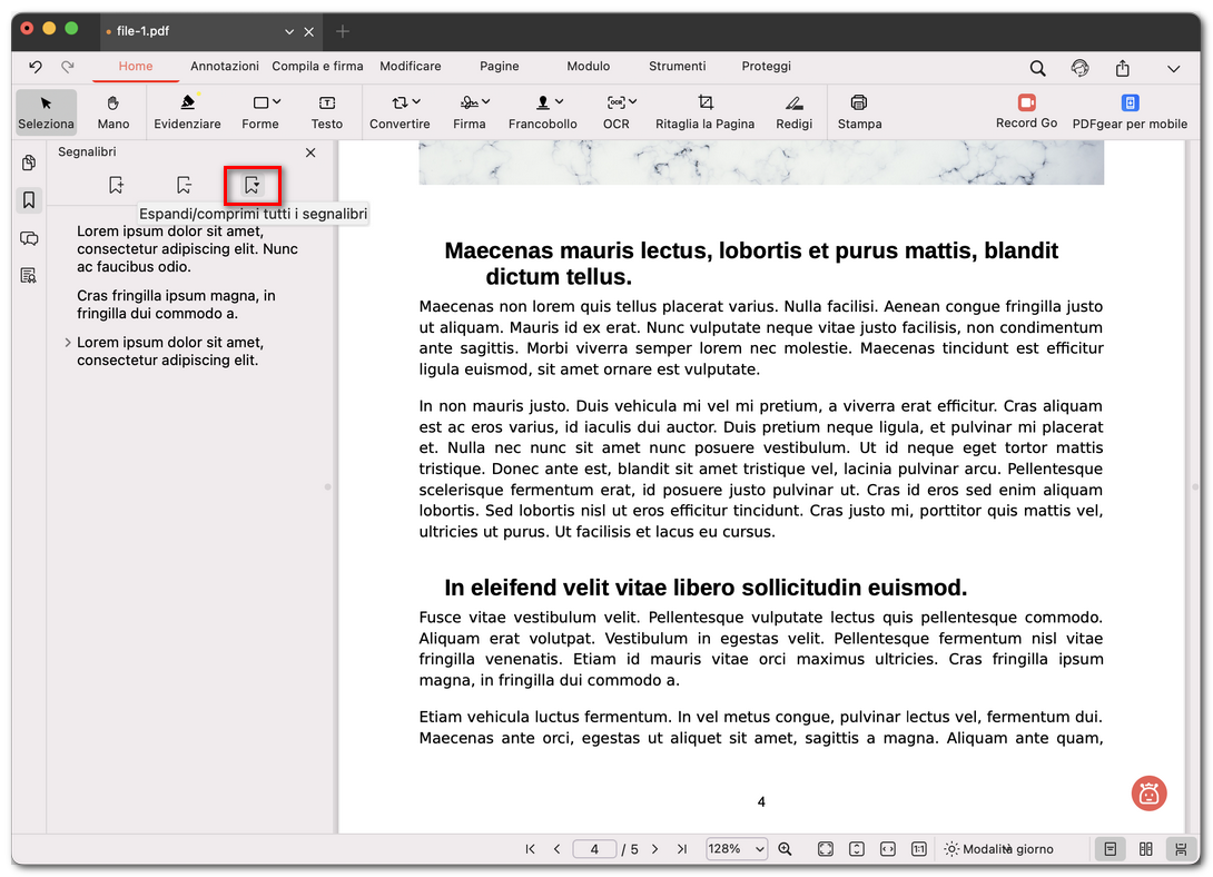 Espandere o comprimere tutti i segnalibri in un PDF