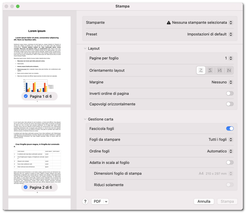 Impostazioni layout e gestione carta