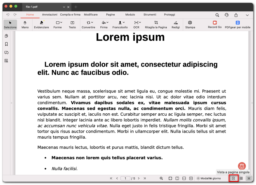 Modalità di visualizzazione a pagina singola