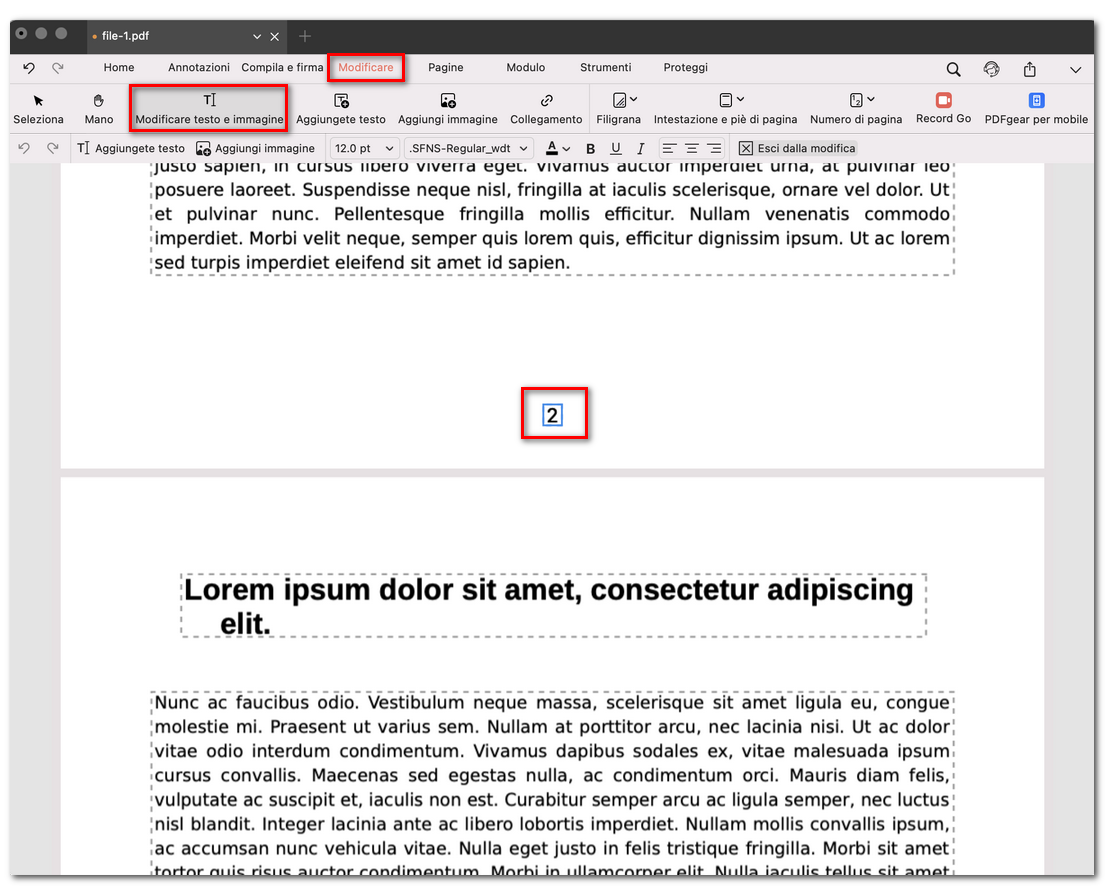 Modificare il numero di pagina nel PDF