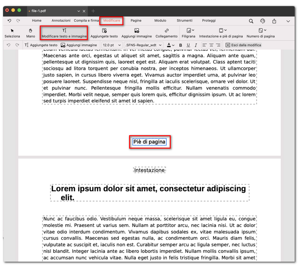 Modificare l'intestazione e il piè di pagina