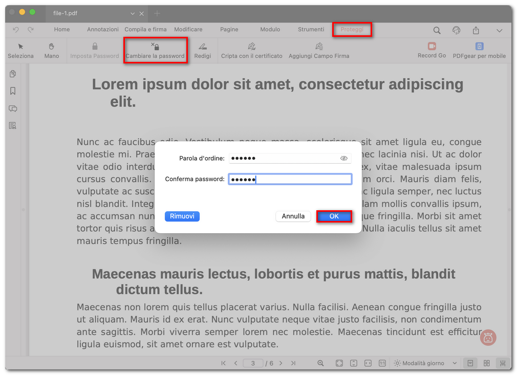 Modificare la password del file PDF