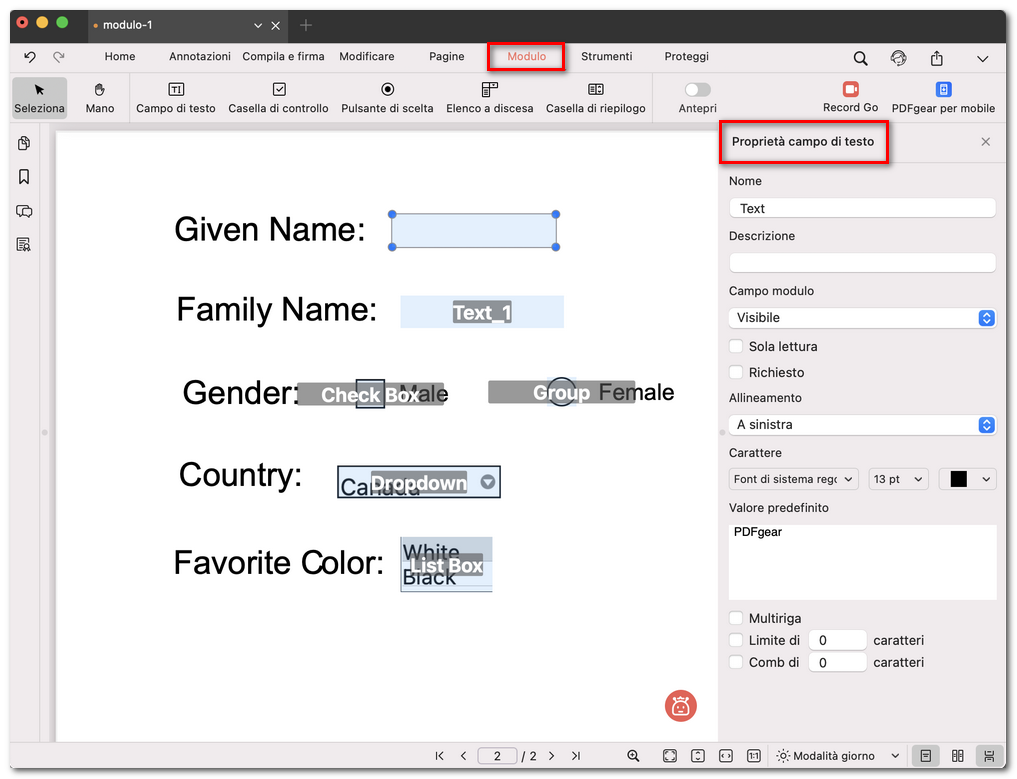 Modificare le proprietà del campo modulo