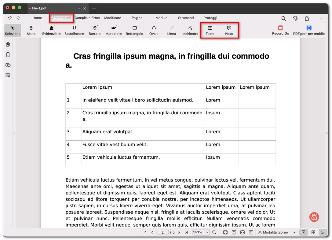Opzioni commento Testo o Nota