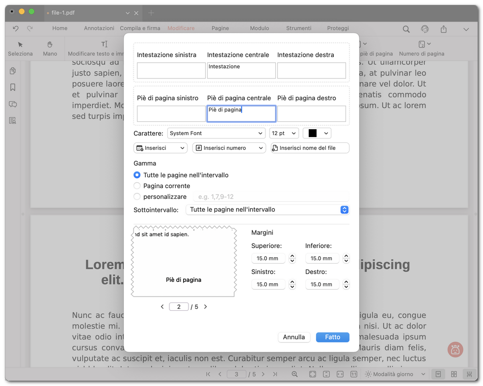 Personalizzare l'intestazione e il piè di pagina
