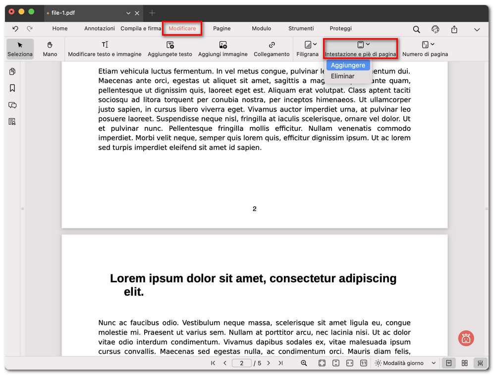 Scegliere di aggiungere intestazione e piè di pagina