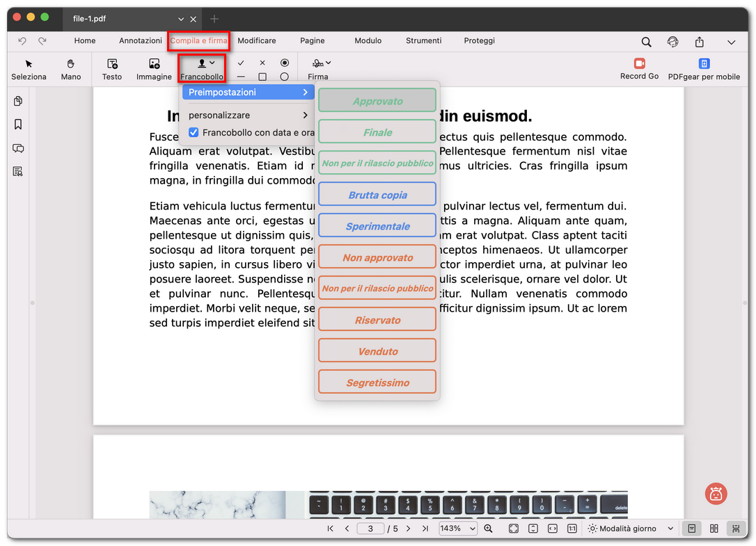 Scegliere un timbro preimpostato