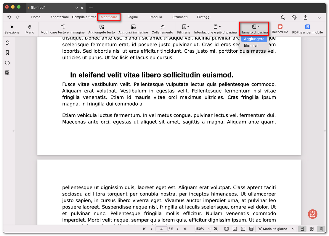Selezionare Aggiungi numero di pagina
