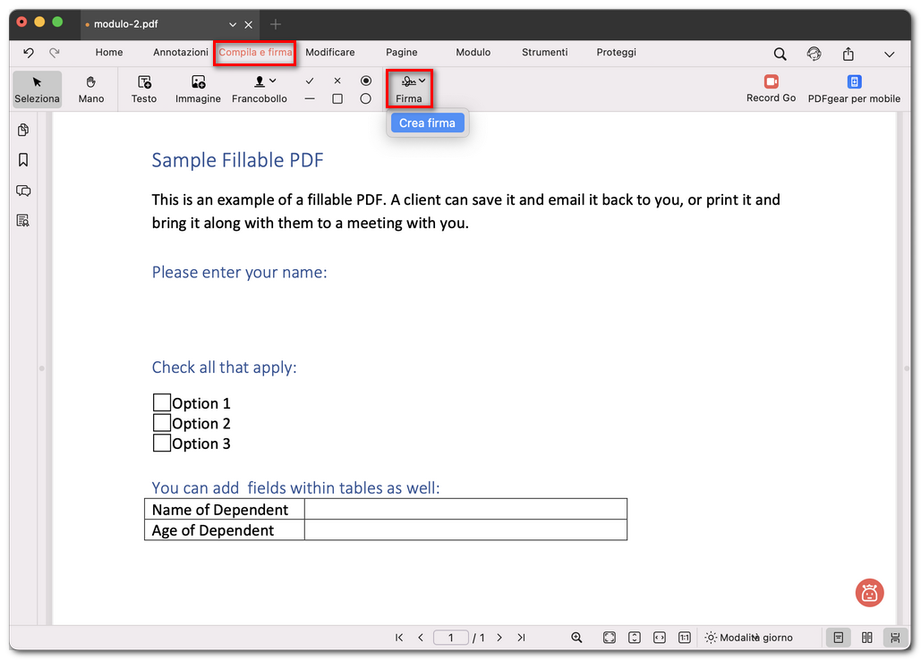 Selezionare Crea firma