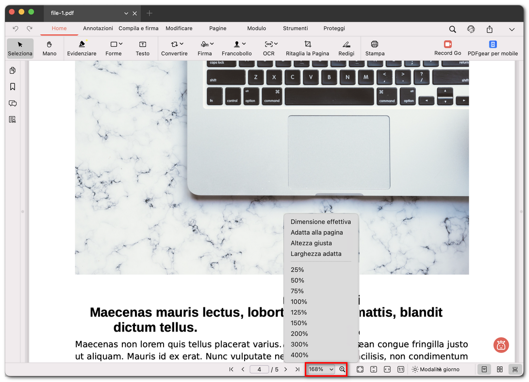 Visualizzare il menu delle modalità