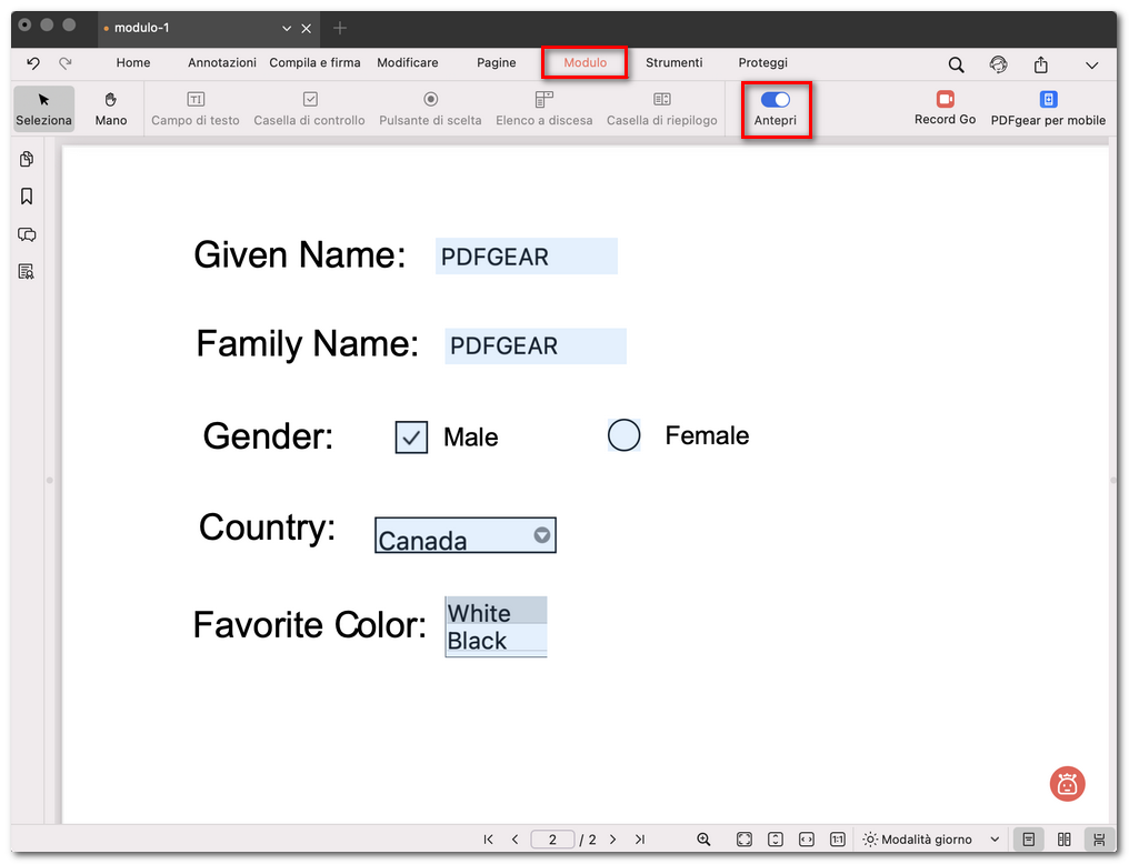 Visualizzare in anteprima e testare il modulo PDF