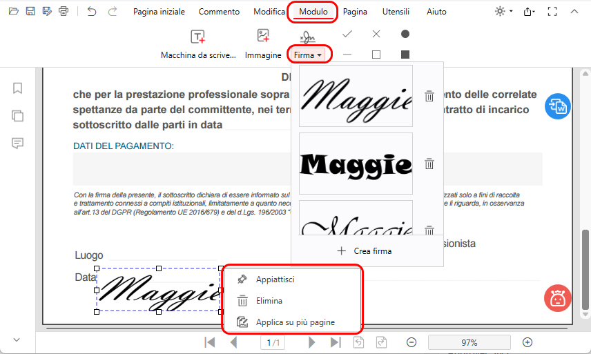 Aggiungere Firma al Modulo