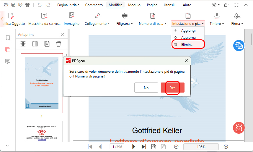 Elimina intestazione e piè di pagina