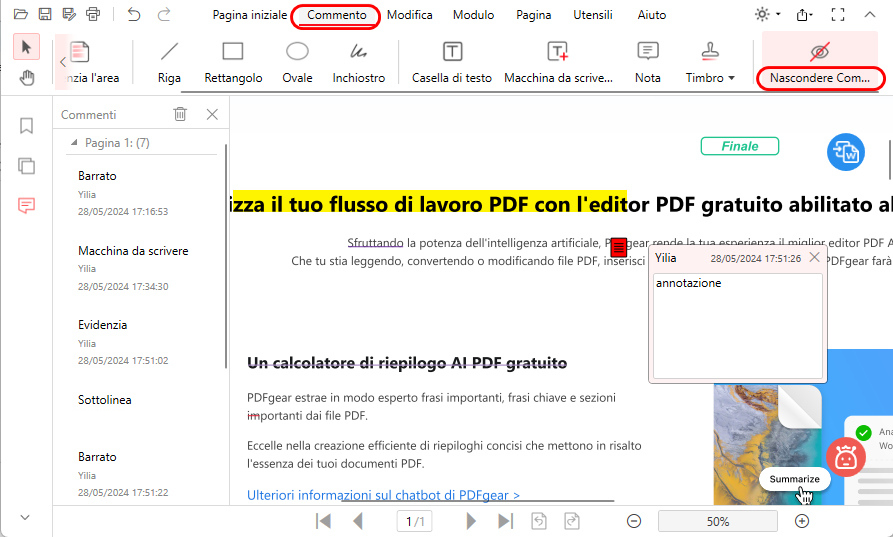 Nascondere o Mostrare l'Annotazione
