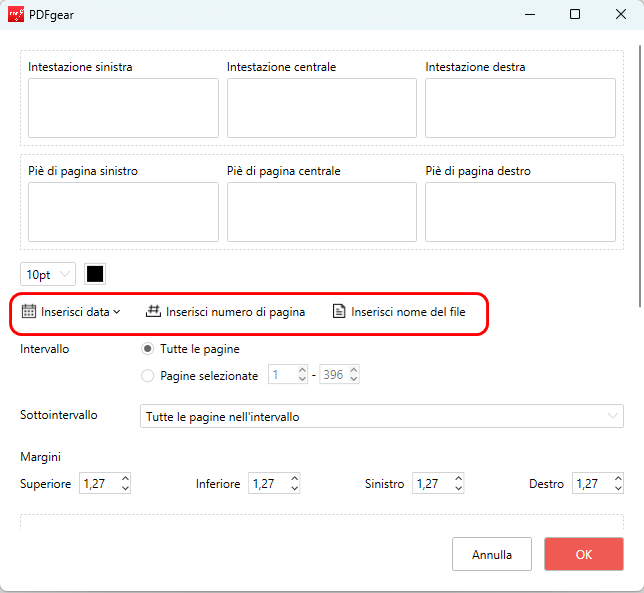 Personalizza intestazione e piè di pagina