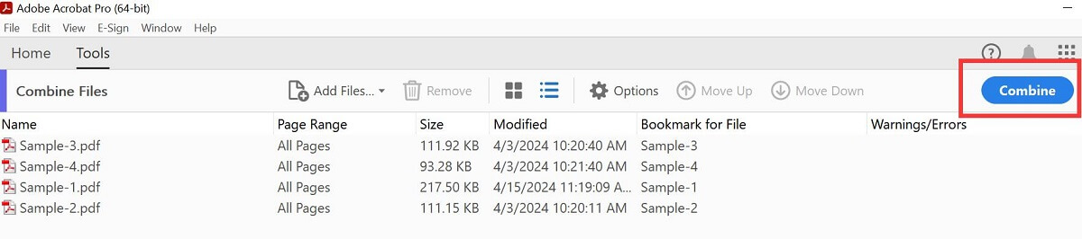 Adobeで複数のPDFファイルを結合