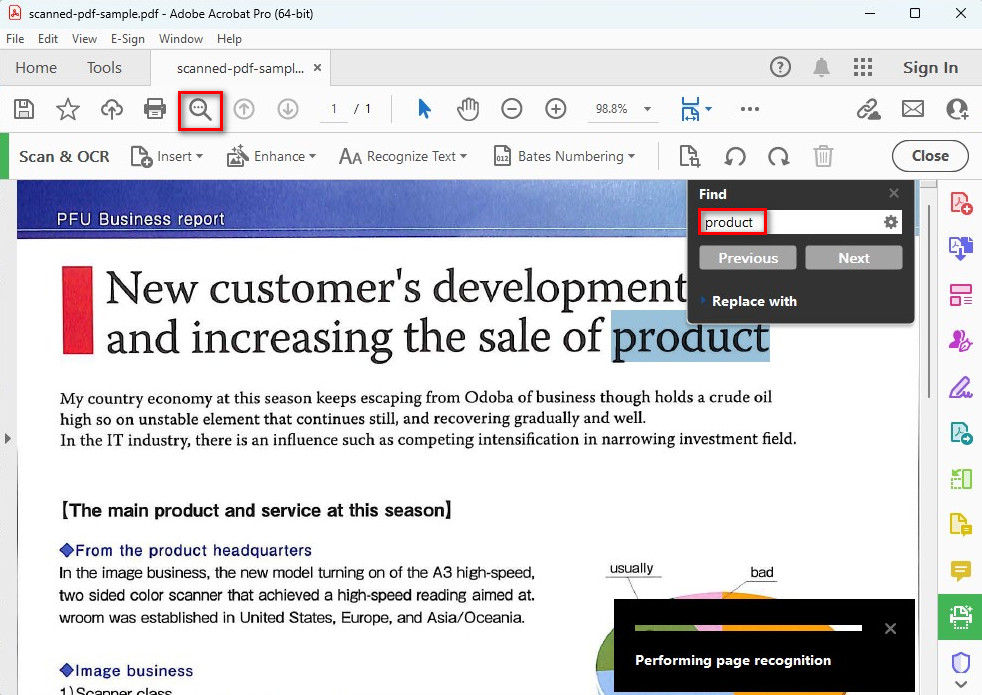 スキャンPDF内でテキストを検索し置換する
