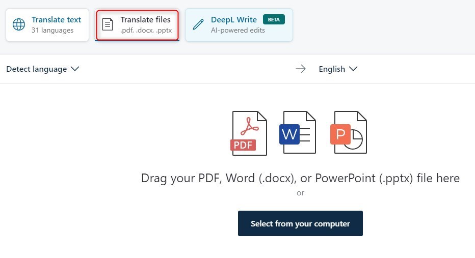 DeepLにPDFをアップロード