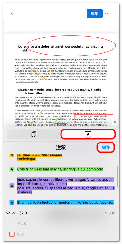 注釈パネルを開く