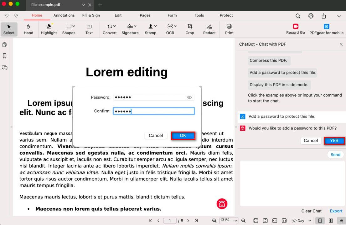 Ask PDFgear to Add Password to PDF