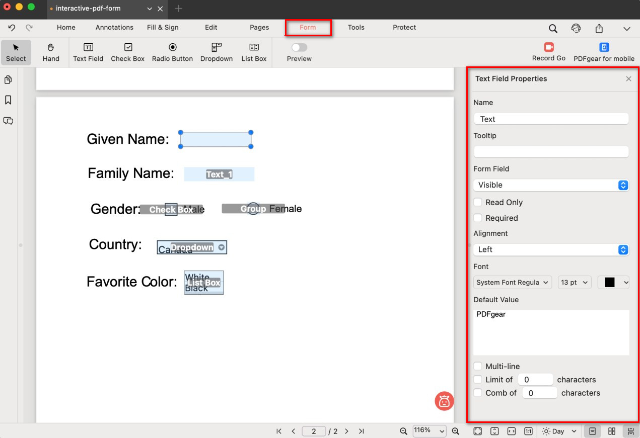 Edit Form Field Properties