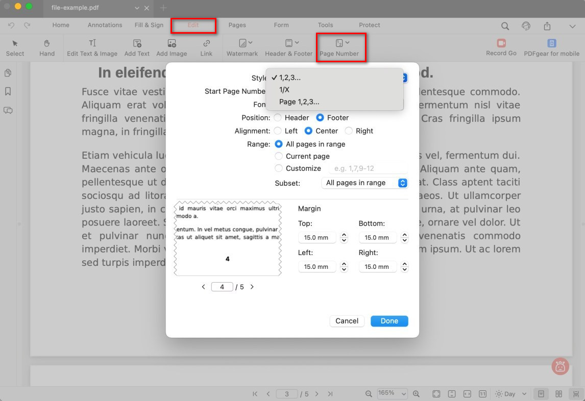 Edit Page Number in PDF