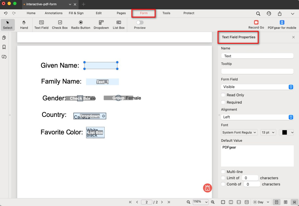Edit the Form Field Properties