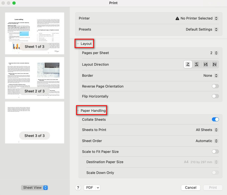 Layout and Paper Handling Settings