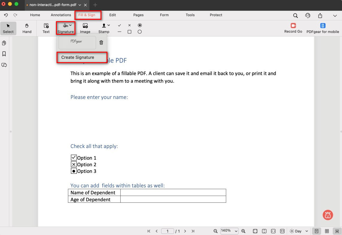 Select the Create Signature