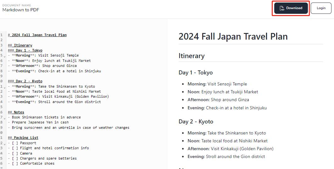 Click Download PDF on MarkdowntoPDF