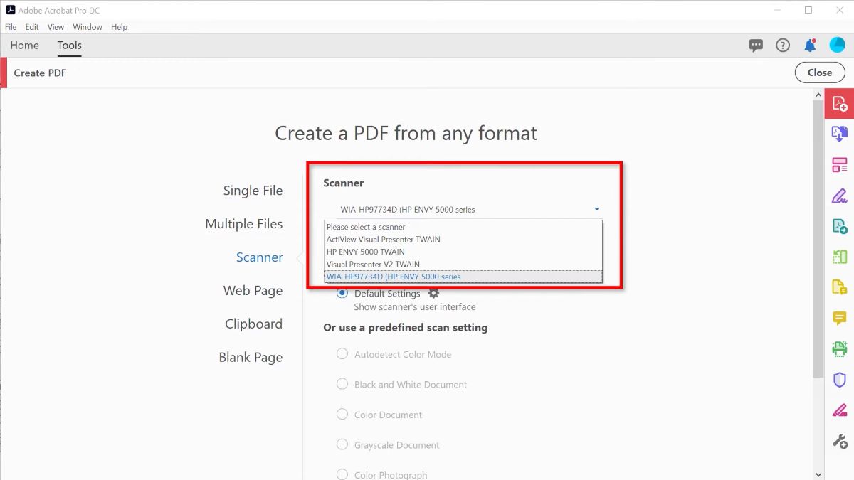 Connect and Choose your Scanner in Adobe Acrobat