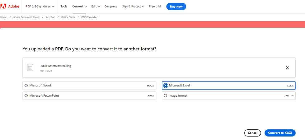 Convert a PDF to Excel in Adobe Acrobat Online