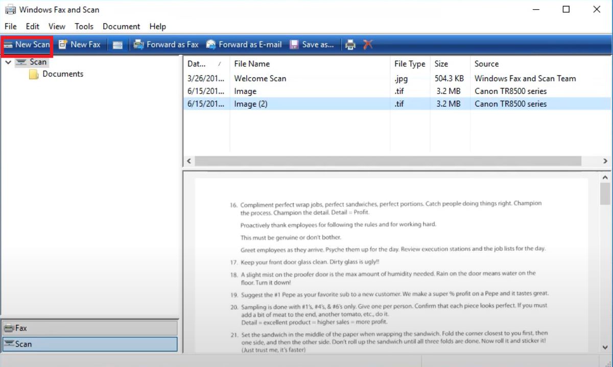 Create New Scan in Windows Fax and Scan