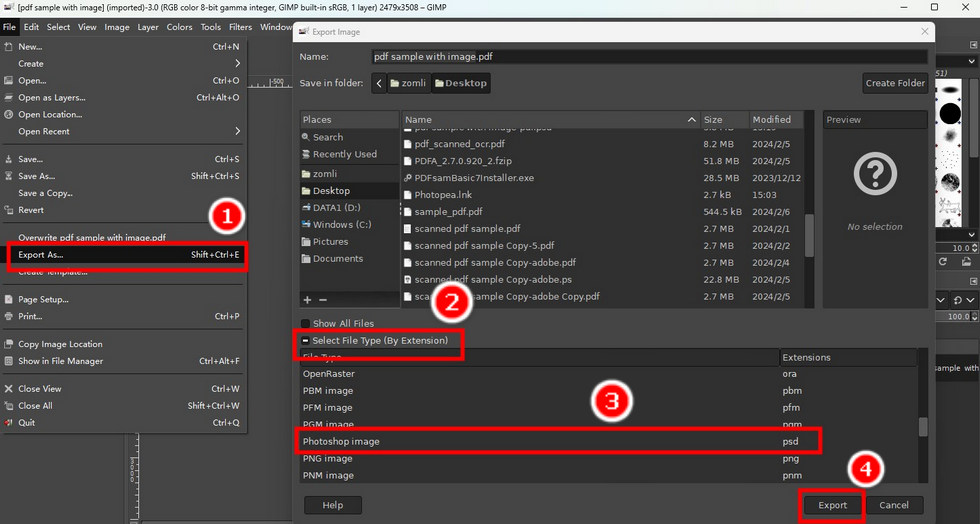 Export a PDF as PSD with GIMP