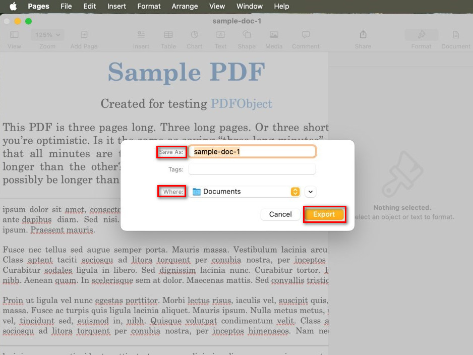 Export Word to PDF in Pages