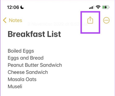 Hit Share Button on Notes