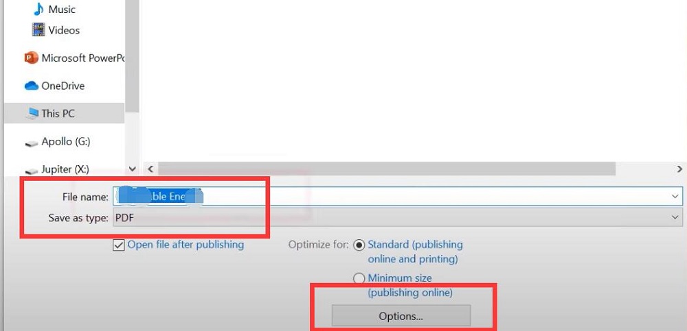 Name the File and Select Options
