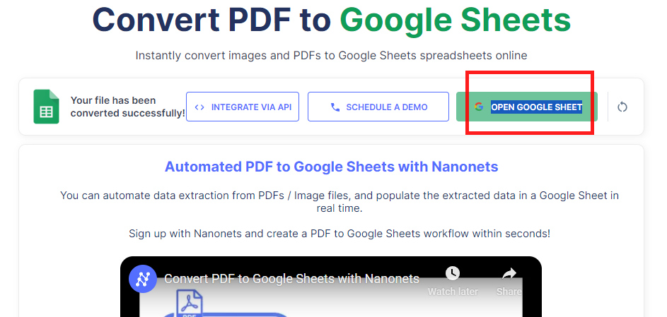 Open the PDF in Google Sheets