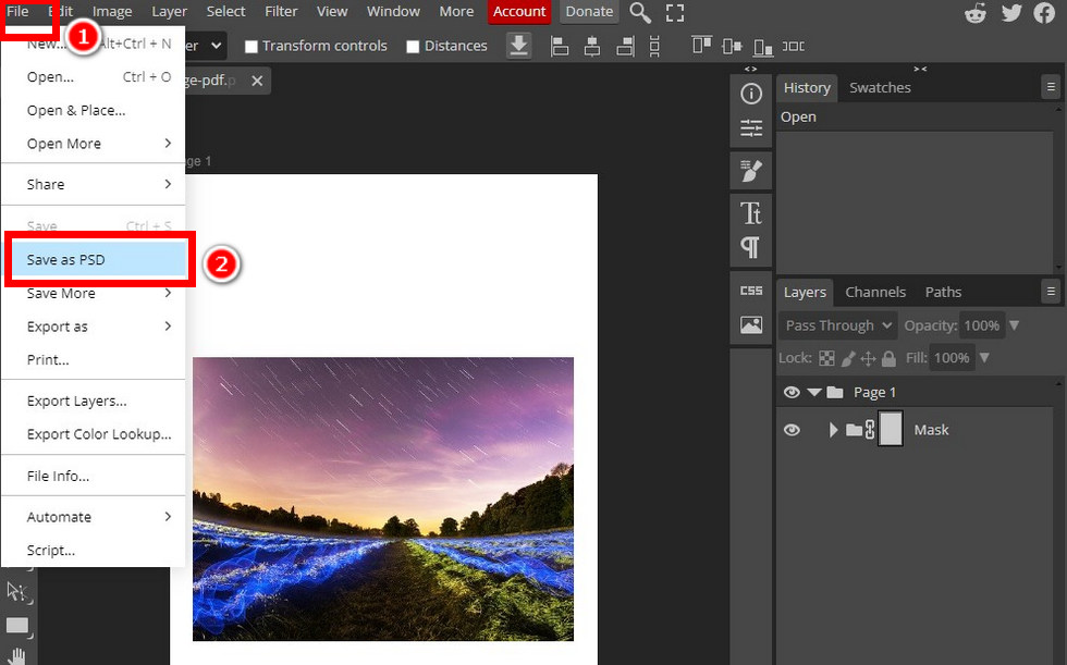 Save a PDF as PSD with Photopea
