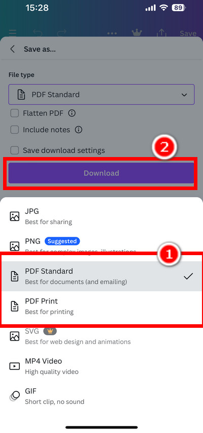 Save the Canva Design as PDF on Phone