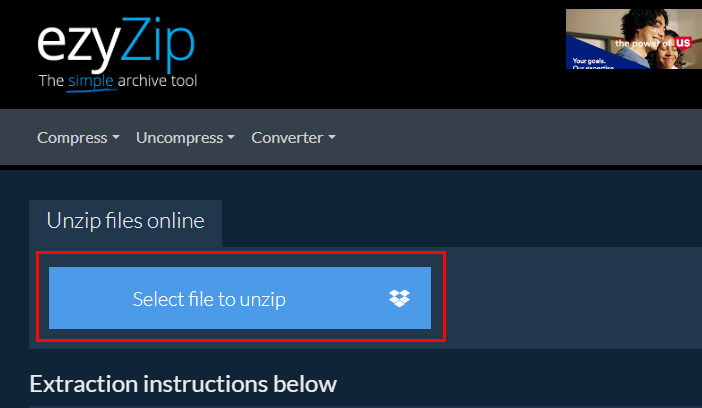 Select File to Unzip on EzyZip