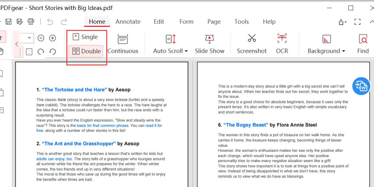Single and Double Page Settings